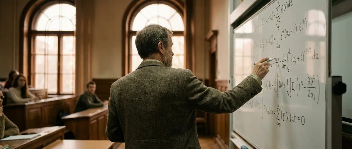 研究人员在温暖灯光的大学教室白板前演讲