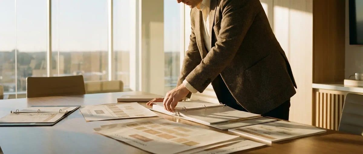 高管在公司会议室审阅组织结构图