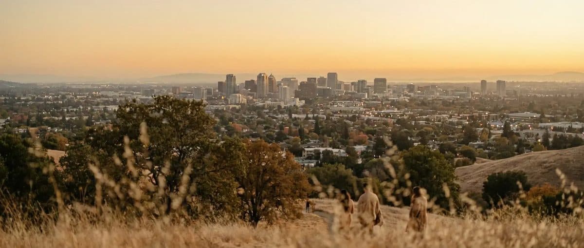 Bay Area cityscape bathed in golden hour light