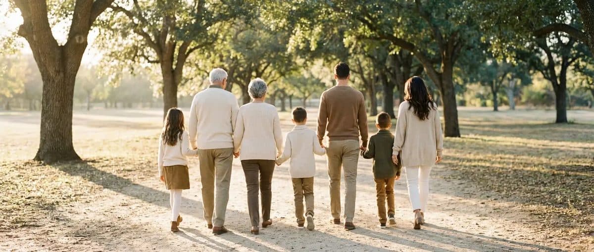 Multi-generational family walking together in a sunlit park