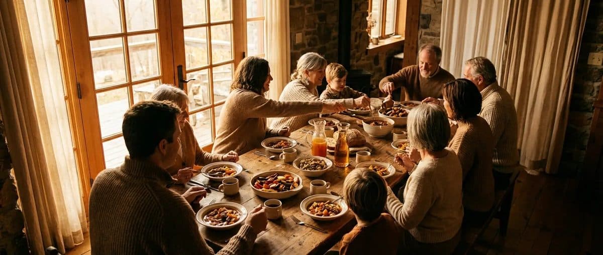 Extended family gathered around a warm dinner table