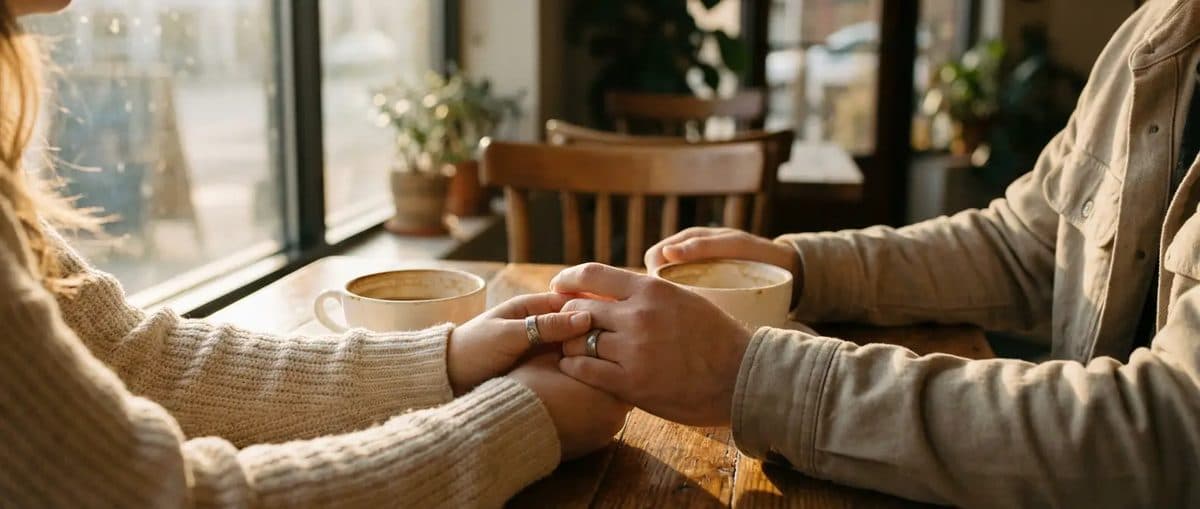 情侣的手在温暖木质咖啡桌上