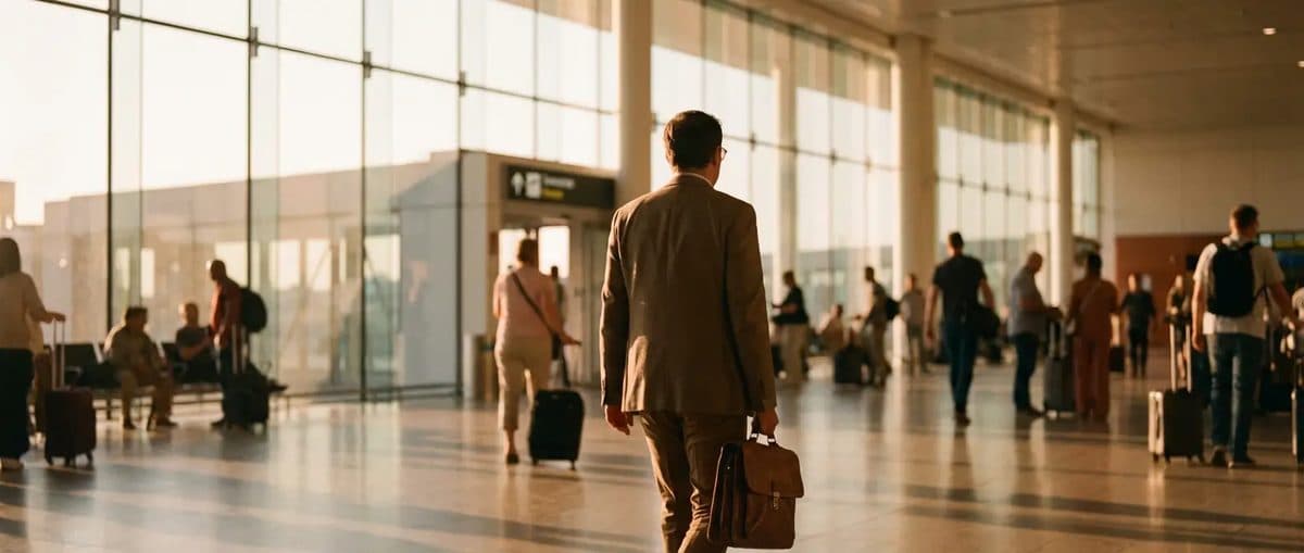 Professional at an international airport terminal in warm natural light
