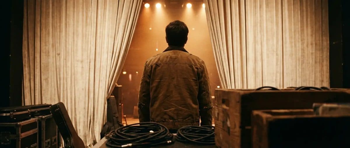 Performer backstage with warm amber stage lighting