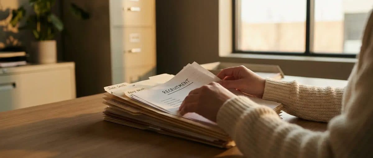 HR professional organizing recruitment files in a modern office
