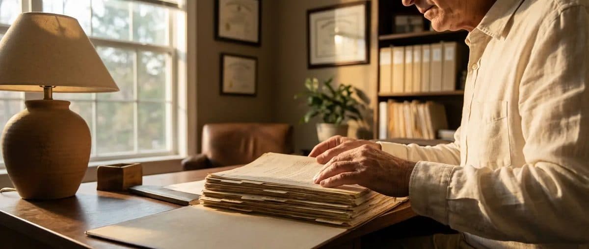 Attorney reviewing a thick legal binder at a warm-lit desk