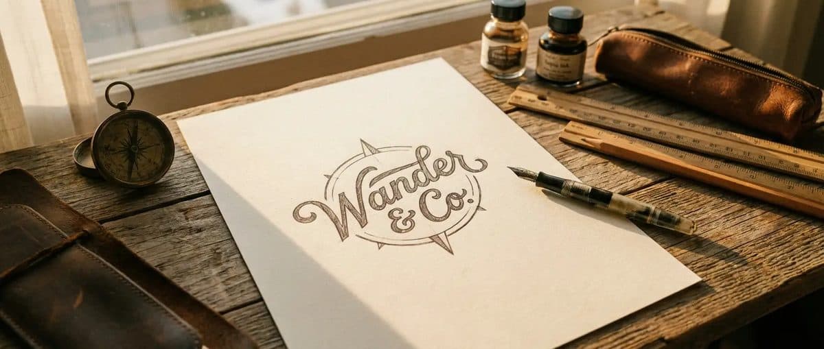 奶油色纸张上的品牌标志草图和钢笔